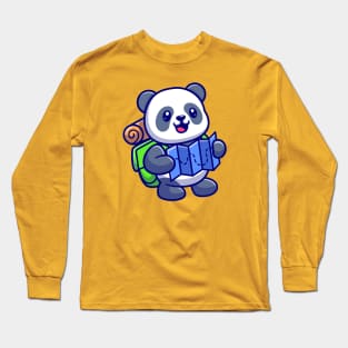 Cute Panda Backpacker Reading Map Cartoon Long Sleeve T-Shirt